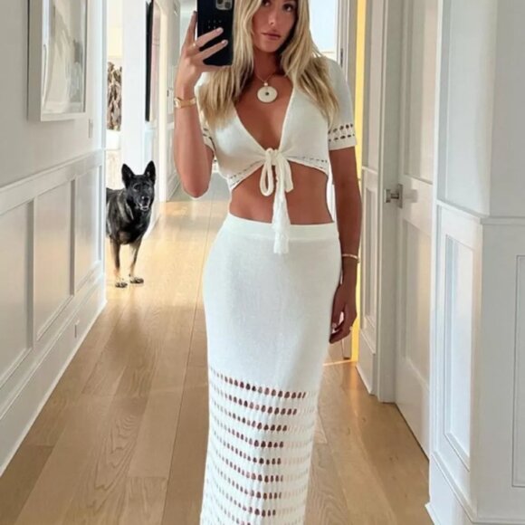 Devon Windsor Nikki Set Top Skirt Matching Coord Set White Crochet Two Piece XS - Picture 1 of 8